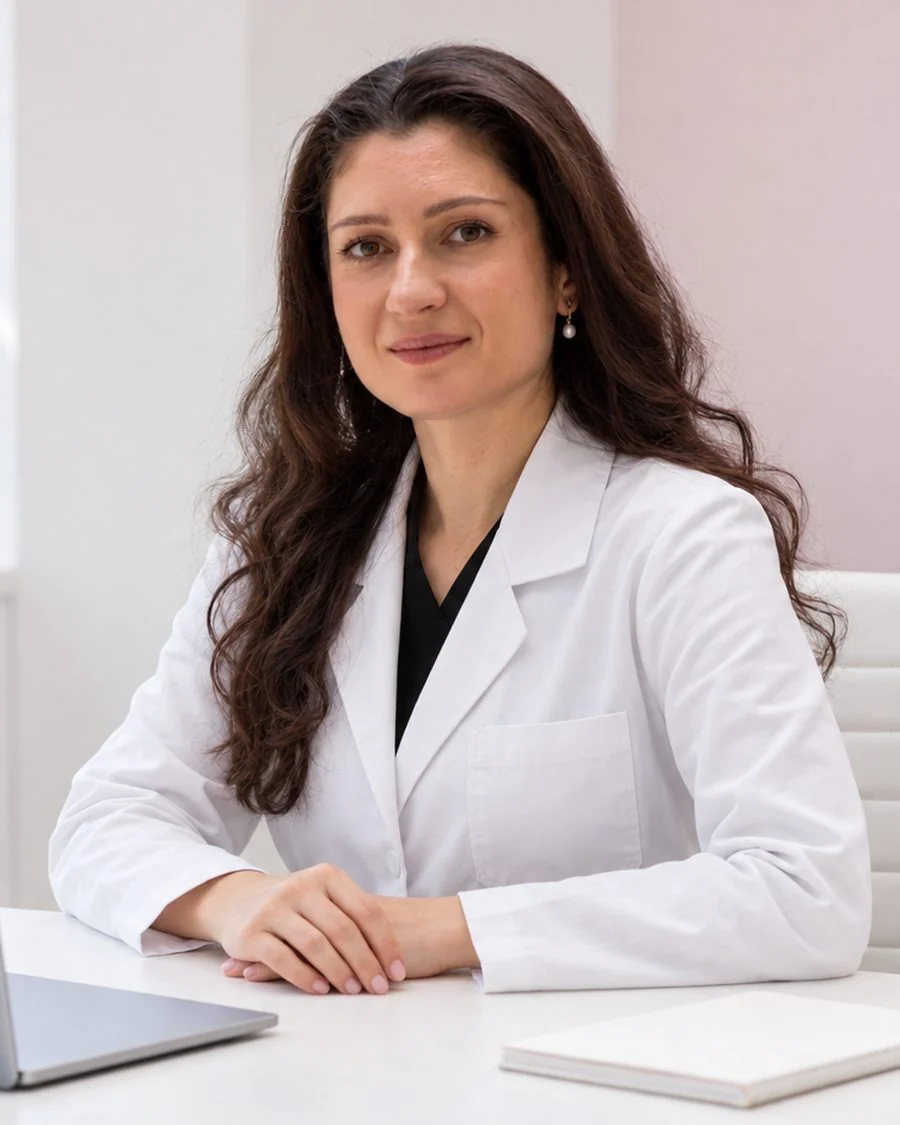 Dr. Aynur Babayeva qəbul otağında masa arxasında